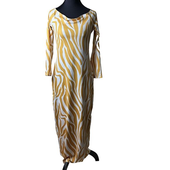 Womens‎ Mustard Zebra Print Backless Dress M Bold Y2K Glam Statement Bodycon - Picture 1 of 14